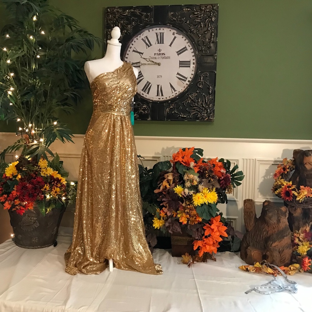 Gold sequins dress one shoulder